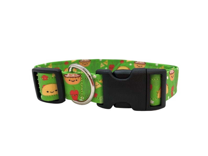 Green dog collar featuring a playful pattern of smiling tacos, chips and salsa, and saguaro cacti, designed with vibrant colors and a fun, food-themed vibe.
