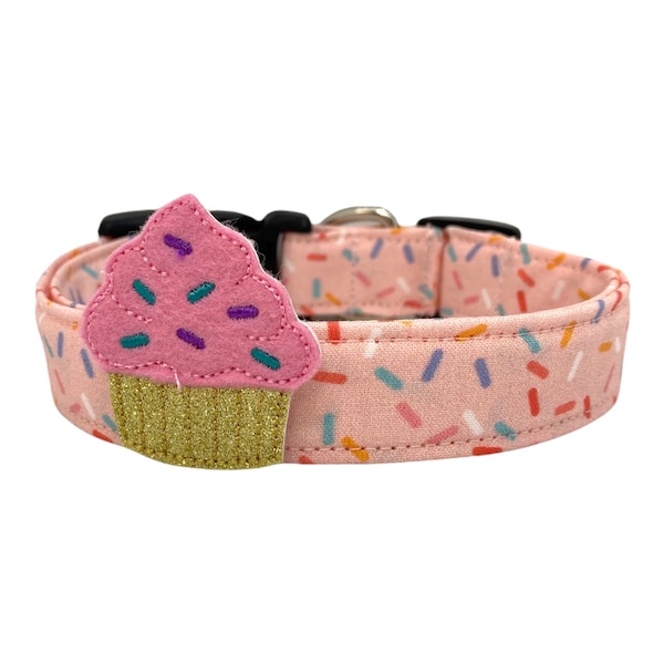 Dog Collar, Birthday Dog Collar, Happy Birthday Dog Collar with 3" Cupcake Embellishment, Dogs Birthday, Pink Sprinkles Dog Collar, Birthday