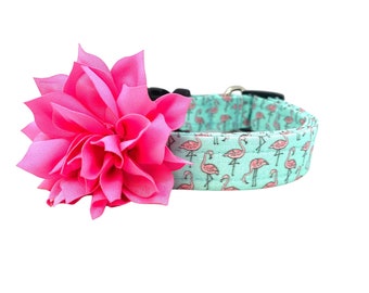 Dog Collar, Flamingo Dog Collar, Aqua Flamingo Dog Collar with Hot Pink Flower Embellishment, Dog Collar, Flamingo, Summer Dog Collar