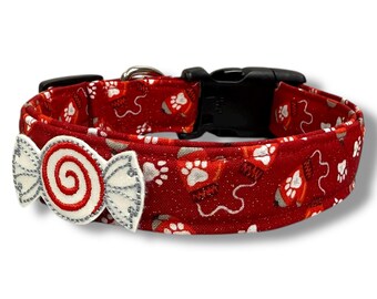 Christmas Mittens Dog Collar |  Winter Paw Print Mittens Dog Collar with Embellishment | Shimmery Mittens Dog Collar | Winter Dog Collar