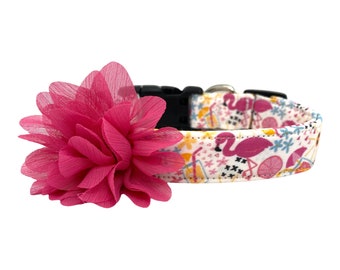 Dog Collar, Flamingo Dog Collar, Summer Flamingo Dog Collar with 3" Pink Flower Embellishment, Dog Collar, Flamingo, Summer Dog Collar
