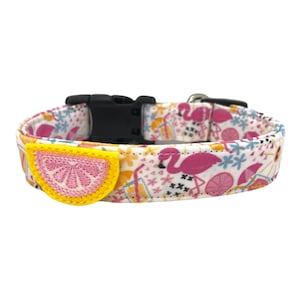 Summer Dog Collar, Flamingo Dog Collar with Lemon Slice Embellishment, Summer Collar, Summer Fruit, Pink Dog Collar