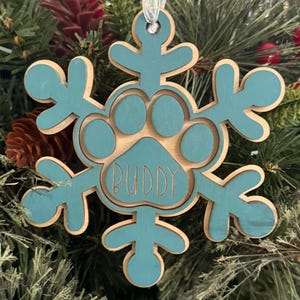 Snowflake Paw Print Christmas Ornament, Personalized Paw Ornament, Christmas Ornament for Dog, Wooden Paw Ornament, Pet Ornament, Cat Paw