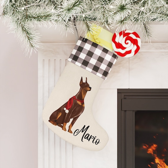 Doberman Christmas Stocking, Personalized Doberman Buffalo Plaid Christmas Stocking, Doberman Stocking, Christmas Doberman, Doberman Dog