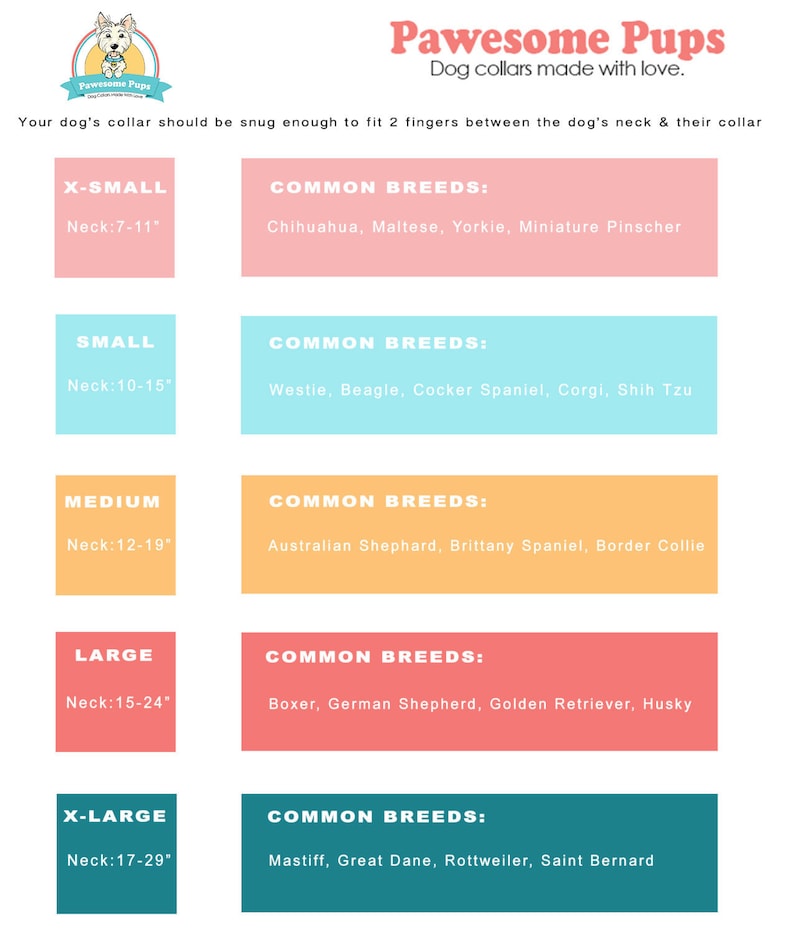 May include: A chart with a pink, blue, yellow, and green background. The chart lists different dog collar sizes with corresponding neck measurements in inches and common dog breeds for each size. The chart is titled "Pawesome Pups Dog collars made with love."