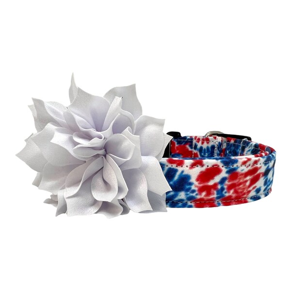 Summer Dog Collar, Patriotic Dog Collar with 3" White Flower Embellishment, Tie Dye Dog Collar, Patriotic Tie Dye Dog Collar