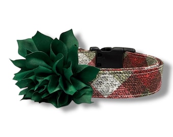 Textured Plaid Christmas Dog Collar | Red Green Holiday Dog Collar with Flower | Rustic Winter Collar | Christmas Plaid Dog Collar
