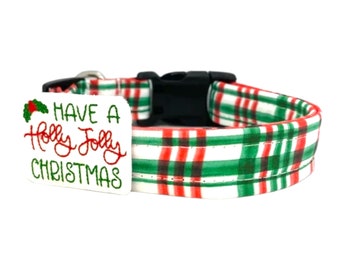 Christmas Plaid Dog Collar with Holly Jolly Embellishment