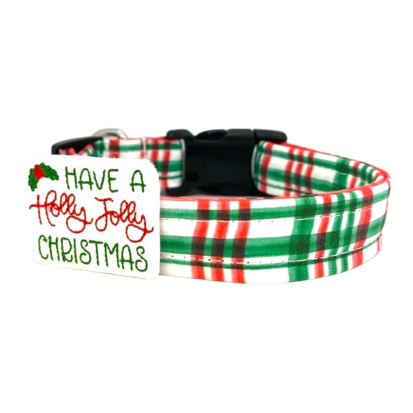 Christmas Plaid Dog Collar with Holly Jolly Embellishment