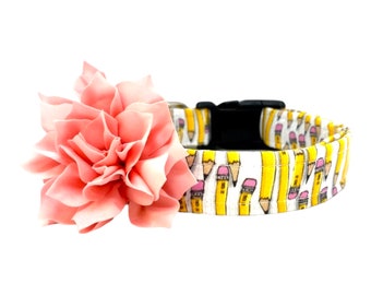 Back to School Yellow No. 2 Pencil Dog Collar with Light Pink Flower Embellishment