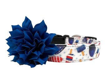 Summer Dog Collar, Patriotic Popsicle Dog Collar with 3&quot; Nautical Blue Flower Embellishment, Popsicle Dog Collar, Patriotic Dog Collar