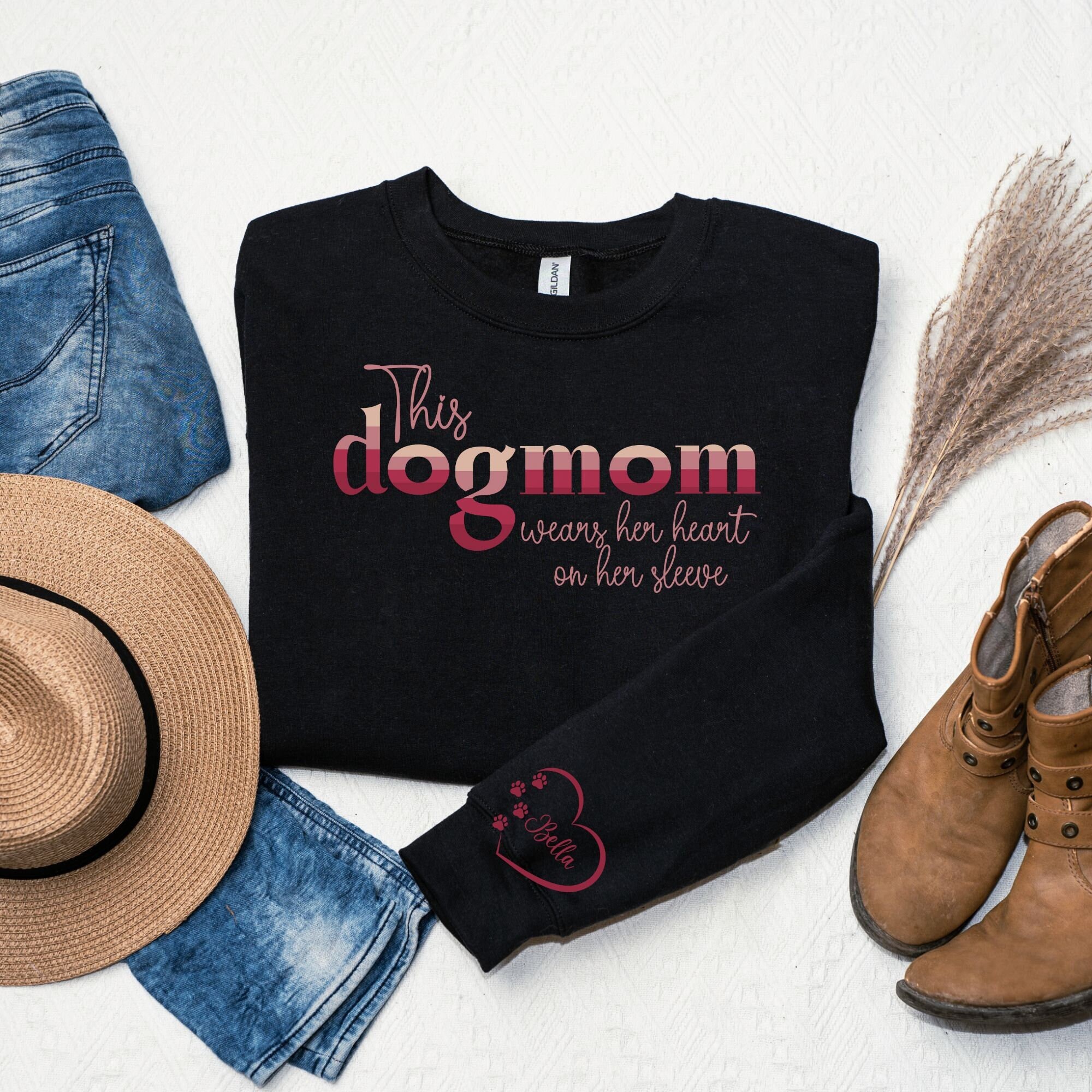 Dog Mom Sweatshirt, Dog Mom Wears Heart on Sleeve, Personalized Dog Mom Sweatshirt, Paw Print Dog Mom Sweatshirt, Dog Mom Shirt, Paw Sleeve