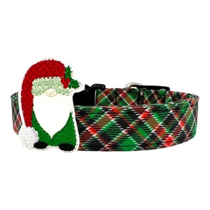 Christmas Tartan Plaid Dog Collar with Gnome Dog Collar Embellishment
