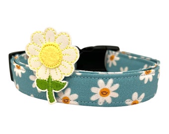 Daisy Dog Collar, Floral Dog Collar with Daisy Dog Collar Embellishment, Smiling Daisy Dog Collar, Spring Dog Collar, Blue Daisy Dog Collar
