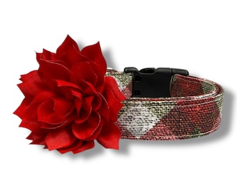 Textured Plaid Christmas Dog Collar | Red Green Holiday Dog Collar with Flower | Rustic Winter Collar | Christmas Plaid Dog Collar