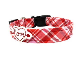 Dog Collar, Valentine's Day Dog Collar, Plaid Valentines Day Dog Collar with Shimmery Heart Embellishment, Valentine's Day Collar, Red Plaid