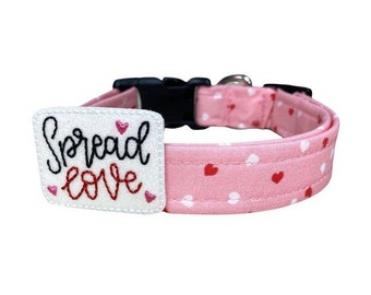 Dog Collar, Valentine's Day Dog Collar, Mini Red & Pink Heart Valentine's Day Dog Collar with Spread Love Embellishment, Valentines Collar