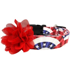 Patriotic Dog Collar, American Bunting Flag with Red Flower, 4th of July Dog Collar, Memorial Day Dog Collar, Labor Day
