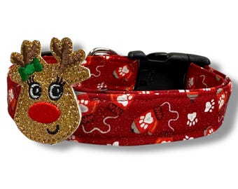 Christmas Mittens Dog Collar |  Winter Paw Print Mittens Dog Collar with Embellishment | Shimmery Mittens Dog Collar | Winter Dog Collar