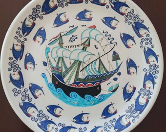 Iznik tile plate  Decorative Tile, ottoman handmade three mast galleon tile plate, galleon design handmade tile painting plates