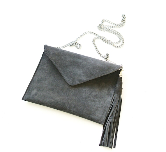 Grey Suede Clutch Grey Suede Bag Clucth With Chain Real Etsy