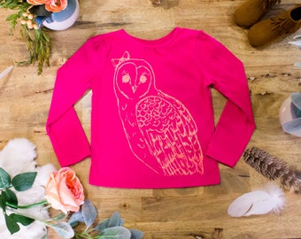 Owl // Long Sleeve, Bright Magenta and Peach- Hand Printed Onesies and Kids Tee Shirts // Screen Printed Onesies and Kids Tees