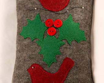 Festive Winter Birds and Holly Pillow