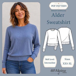 Könnte beinhalten: Eine Frau trägt ein blaues Sweatshirt und Jeans. Das Bild zeigt ein PDF-Schnittmuster für ein "Alder Sweatshirt", Schwierigkeitsgrad "Mittel", Größen "XXS-XL". Das Sweatshirt-Design ist ebenfalls abgebildet.