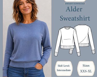 Alder Sweatshirt Sewing Pattern | Long Sleeve Knit Top (XXS-XL) (Digital Download)