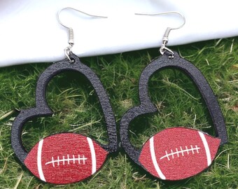 Football Heart Hoop Wooden Earrings