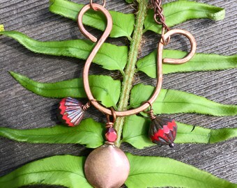Copper Hammered U Necklace with Red Beads