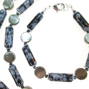 Snowflake Obsidian, Pyrite and Hematite Bracelet with Rhodium and Silver Lobster Clasp