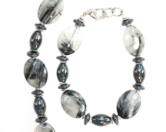 Tourmalinated kwarts en hematiet armband met Rhodium plated kreeft gesp