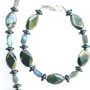 Pyrite and Labradorite Bracelet with Hematite, Rhodium plated beads and Rhodium plated Lobster Clasp