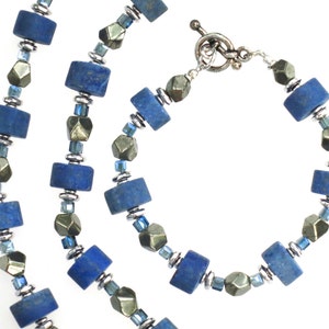 Lapis and Pyrite Bracelet with Glass Crystal and Rhodium Plated beads and Antique Silver Clasp