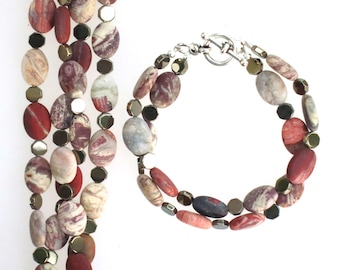 Eudialyt en dubbele Strand-armband hematiet met Rhodium plated Toggle gesp