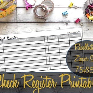 Puede incluir: Un formulario de registro de cheques imprimible con fondo gris y líneas negras. El formulario tiene columnas para la fecha, la descripción, el débito, el crédito y el saldo. El texto "Checkbook Register" está en la parte superior del formulario. El texto "Recollections Zipper Size 75x3.56" está en la parte inferior del formulario.