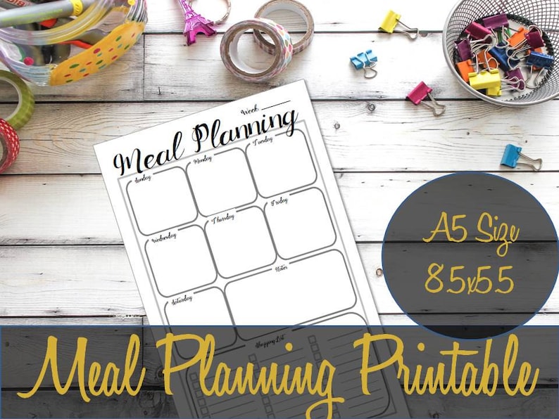 May include: A printable meal planning sheet with a black and white design. The sheet is divided into seven sections for each day of the week. There is a section for notes and a shopping list. The text "Meal Planning Printable" is at the bottom of the sheet. The text "A5 Size 8.5x5.5" is in the upper right corner of the sheet.