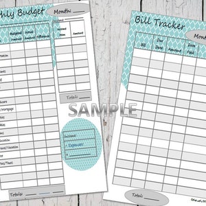 May include: A printable budget tracker and bill tracker worksheet with a light blue and gray pattern. The budget tracker has sections for income and expenses, with columns for item, budgeted amount, actual amount, and difference. The bill tracker has sections for bill, due date, amount, date paid, and notes.
