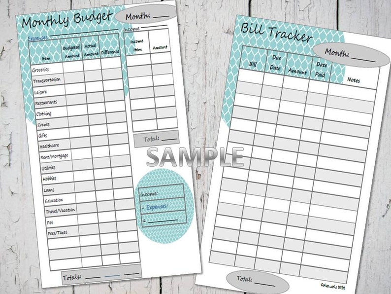May include: A printable budget tracker and bill tracker worksheet with a light blue and gray pattern. The budget tracker has sections for income and expenses, with columns for item, budgeted amount, actual amount, and difference. The bill tracker has sections for bill, due date, amount, date paid, and notes.