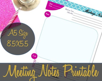 Meeting Notes A5 Sized Printable, Half Sheet, Websteages, Kikki K, Filofax, Franklin Covey Insert  - INSTANT Download PDFr's P