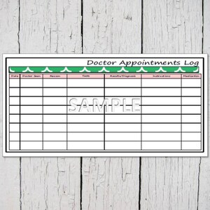 May include: A printable doctor appointments log with a green and pink border. The log has columns for date, doctor seen, reason, tests, results or diagnosis, number of visits, and medications.