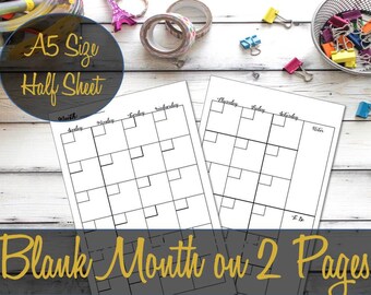 Undated Month on 2 Pages A5 Inserts, Webster's Pages insert, Kikki K insert, Filofax insert, Franklin Covey insert - INSTANT Download