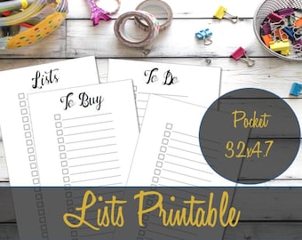 Pocket Filofax Printable Inserts, Pocket List Inserts, Shopping List, To Do List, Filofax Refills, Filofax Pages, Pocket Insert