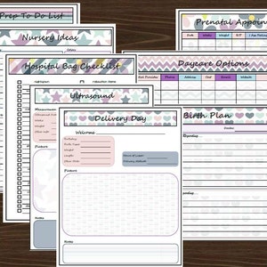 Puede incluir: Un conjunto de listas de verificaci&oacute;n y formularios imprimibles para planificar la llegada de un beb&eacute;. Los formularios incluyen una lista de tareas, ideas para la habitaci&oacute;n del beb&eacute;, una lista de verificaci&oacute;n para la bolsa del hospital, un registro de ultrasonido, un registro del d&iacute;a del parto, un plan de parto, citas prenatales y opciones de guarder&iacute;a. Los formularios est&aacute;n decorados con colores pastel y patrones lindos.