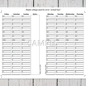 May include: A printable daily planner with a blank grid for each day of the week, from Friday to Thursday. The planner includes a notes section and a reminder to set printer settings to "Actual Size".