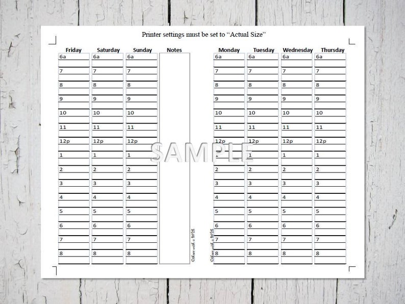 May include: A printable daily planner with a blank grid for each day of the week, from Friday to Thursday. The planner includes a notes section and a reminder to set printer settings to "Actual Size".