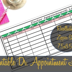 Puede incluir: Un registro de citas médicas imprimible con un borde verde y rosa. El registro tiene columnas para la fecha, el médico que atendió, la razón, las pruebas, los resultados/diagnóstico y las instrucciones. El texto "Recollections Zipper Size 75x356" es visible en la esquina inferior derecha.