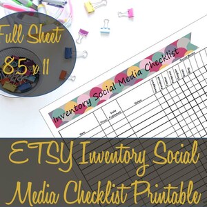 Puede incluir: Una lista de verificación imprimible de Etsy para el inventario de redes sociales en papel A4. La lista de verificación incluye secciones para el artículo, el precio, la fecha de publicación y plataformas de redes sociales como Instagram, Facebook y Pinterest.