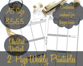 Week On 2 Pages Vertical A5 Calendar Printable Inserts Undated, Webster's Pages, Kikki K, Filofax, Franklin Covey Insert  - INSTANT Download